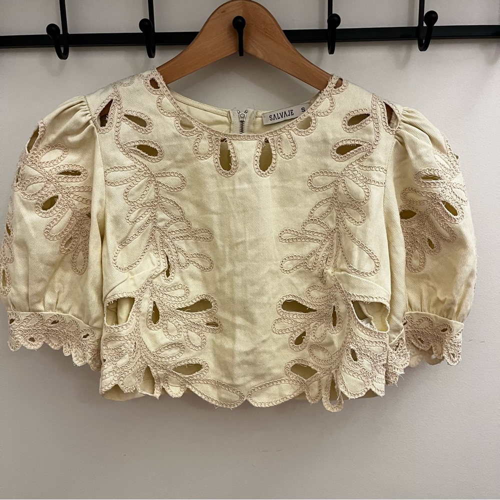 Cream Eyelet Cutout Embroidered Puff Sleeve Cotton Denim Cropped Blouse S